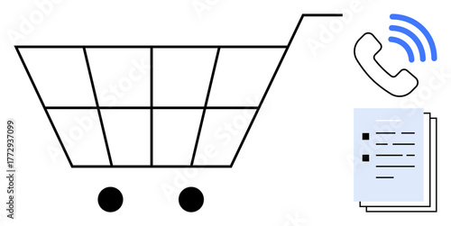 Shopping cart for commerce, phone with signal for communication, and documents symbolizing organization. Ideal for e-commerce, retail, business services, online shopping, client relations, workflow