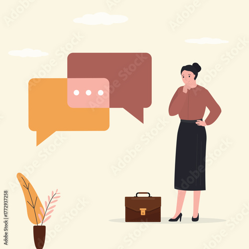 Smart business woman think from listening to second opinion and make decision. Suggestion or advice to consider, reason or logical thinking, information to make decision