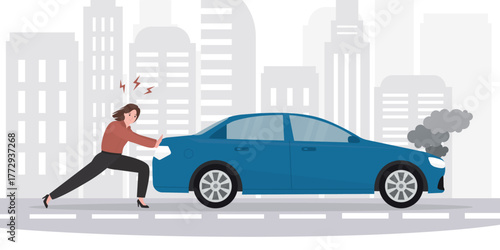 Businessman or manager pushing broken car on city road. Summer time. Angry driver man pushing broken car. Road accident, motor troubles. Car run out of fuel.