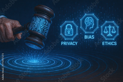 Wooden gavel with circuitry strikes digital surface creating concentric waves while glowing icons highlight privacy bias and ai ethics concerns in technology governance