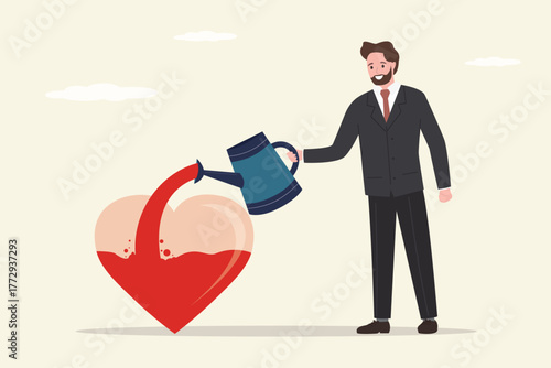 Confident businessman pouring water to fulfill heart shape metaphor of passion. Mindset or attitude to work - we love to do. Work passion, motivation to success