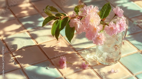 Delicate pink blossoms in glass vase on pastel tiled surface