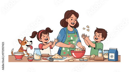 Family Baking Delight: A heartwarming scene unfolds as a mother and her children joyfully bake together, creating a cherished memory filled with flour, laughter, and the love of family.