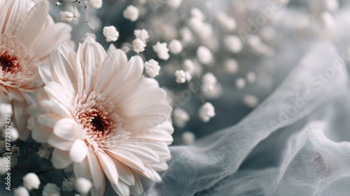 Delicate pale pink gerbera daisies and tiny white blossoms soft focus