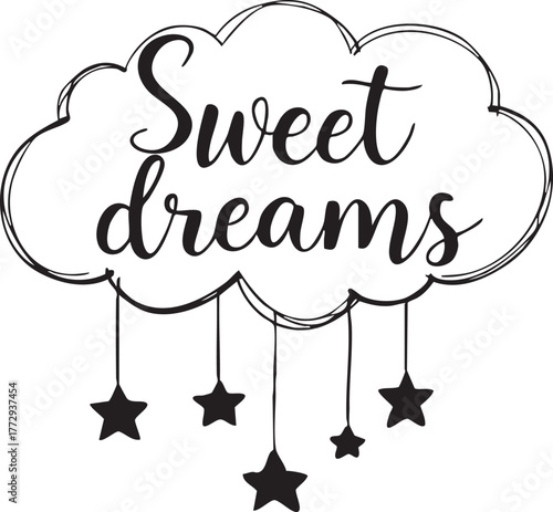 Sweet dreams cloud with hanging stars black and white vector illustration for bedtime decor and sleep-themed design