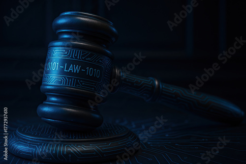 Ai and ethics concept gavel with circuit pattern symbolizing technology law and digital justice in moody blue lighting conveying seriousness and modern legal responsibility