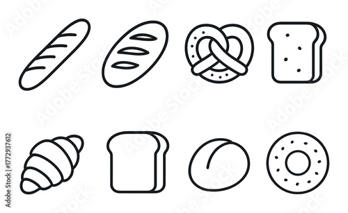 Black and white bakery icons: bread pretzel croissant slice bagel