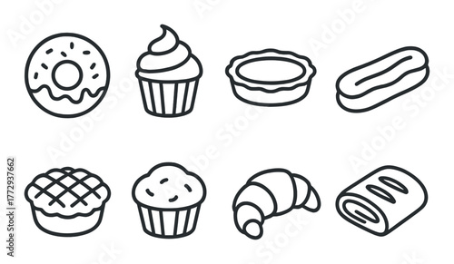 Monochrome dessert outline icons featuring donut, cupcake, pie, eclair, muffin, croissant, and strudel