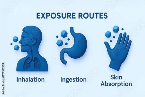 Blue medical illustration showing exposure routes inhalation ingestion skin absorption microplastic contamination with symbolic particles conveying health risk and prevention awareness