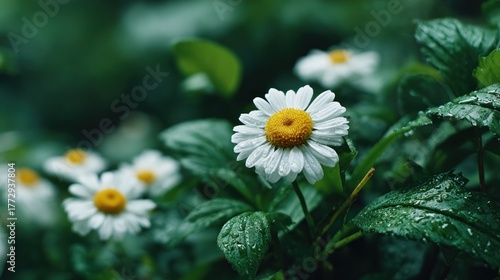 Delicate white petals with yellow centers, glistening with dew