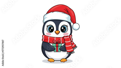 Festive Penguin with a Gift: Adorable penguin stands gracefully with a smile, adorned in a vibrant Christmas hat and a striped scarf, clutching a beautifully wrapped gift.