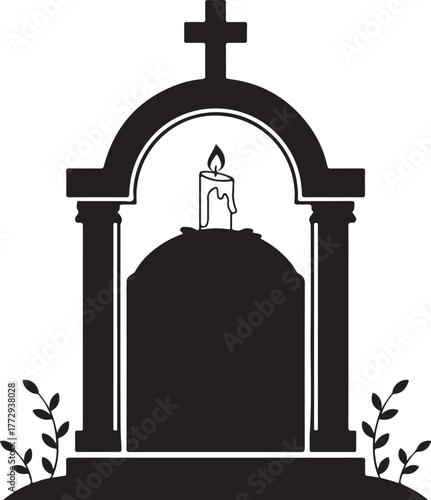 Tombstone Silhouette with Candle. Vector Illustration of Tombstone Graphic. Black and White Commemoration Art Element.