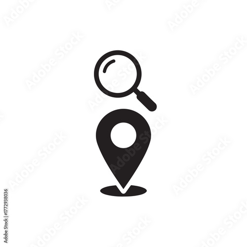 A magnifying glass over map pin icon