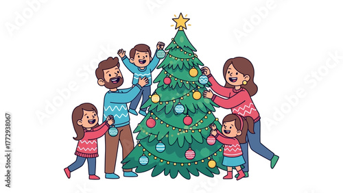 Festive Family Bonding: A joyful family gathers around a vibrant Christmas tree, adorning it with colorful ornaments and spreading holiday cheer.  