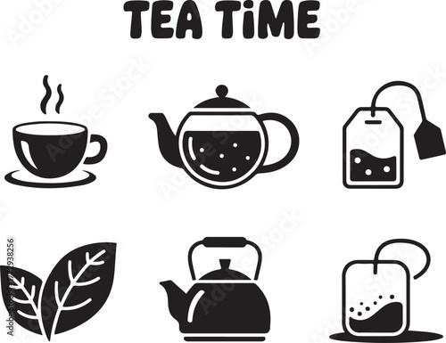 Silhouette Tea Time Elements Set, Kettle, Teacup, Tea Bag, Mint Leaves and Steam Vector Art