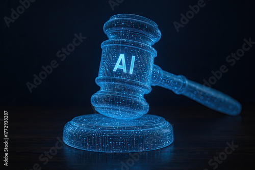 AI ethics digital gavel glowing in blue on wooden surface symbolizing legal policy and responsible technology regulation and accountability for algorithm development