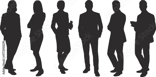 Business team silhouettes in professional attire standing with folders and tablets, corporate teamwork concept, leadership diversity, office collaboration illustration