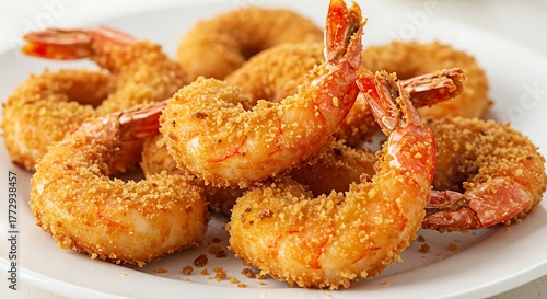 Close-up of breaded fried shrimp arranged on a white plate with golden-brown appearance