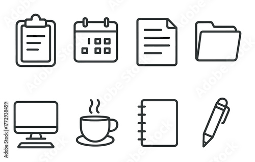 Office icon set featuring calendar document folder coffee mug computer notebook pen