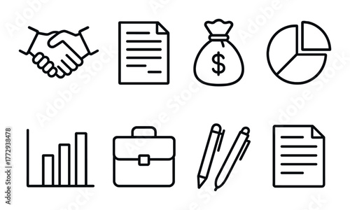 Business icons set featuring finance, documents, and graphs