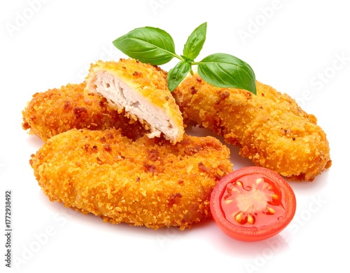 Close-up of breaded chicken tenders, halved tomato, and basil sprig, isolated on white