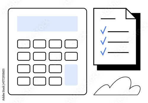 Calculator and checklist with blue check marks suggest calculations, task completion, and productivity. Ideal for accounting, budgeting, organization, workflow, finance, planning simple flat