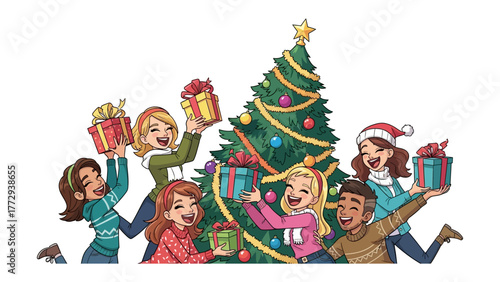 Festive Gathering around Decorated Tree: A group of friends and family gathers joyfully to decorate a Christmas tree, exchanging gifts and sharing the holiday spirit.