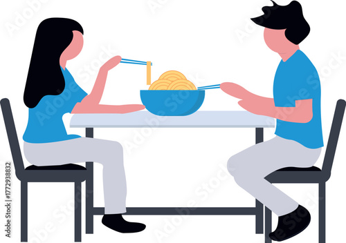 Illustration of a person happily enjoying a plate of delicious pasta perfect for food blogs and culinary themes