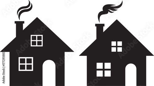 Two black house silhouettes with chimney smoke