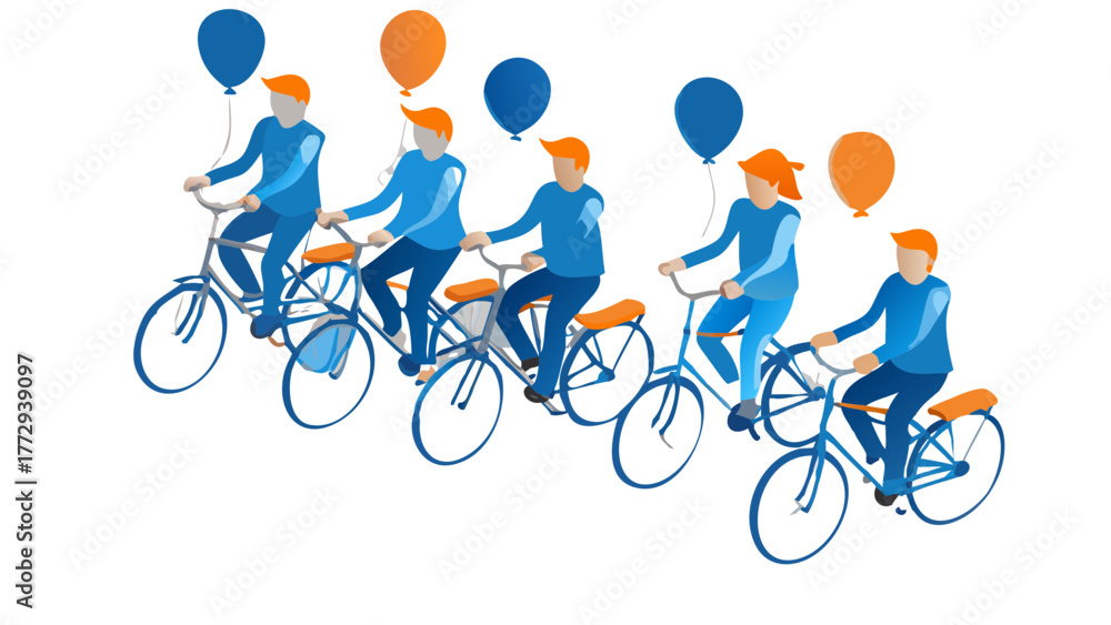 Fototapeta premium Group of diverse people riding bicycles together holding balloons celebrating a fun outdoor activity and community event