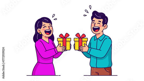 Gift Exchange: A joyful moment captured as two individuals exchange presents, their laughter echoing the spirit of sharing and the warmth of a special bond. 