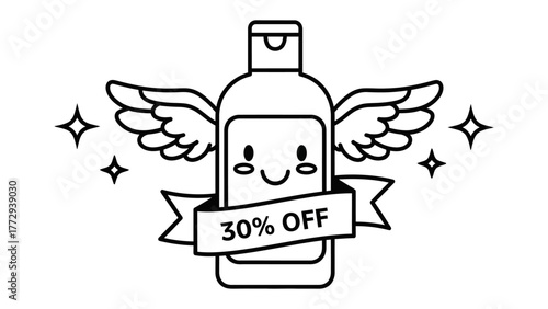 Discounted Liquid Sanitizer: An endearing bottle of sanitizer adorned with whimsical wings, promising a 30% discount, bringing cleanliness and a touch of fantasy.