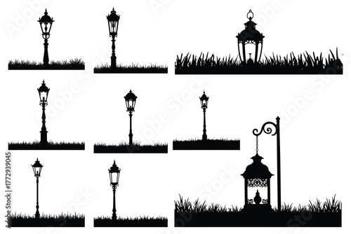 Black silhouette vintage street lamps and lanterns on grass