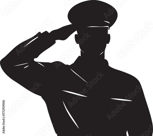 Military officer silhouette saluting in uniform black and white vector illustration symbolizing honor duty and discipline