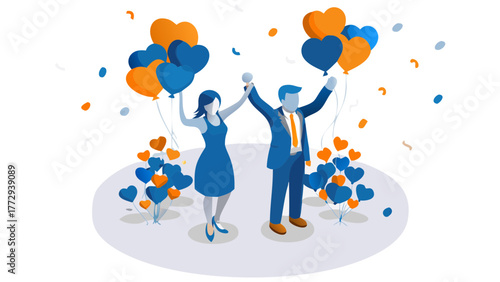 A couple celebrates with joy and excitement holding heart shaped balloons and confetti falling around them on a dark background