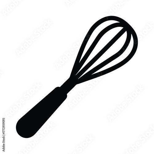 A classic black whisk tool for mixing and blending ingredients thoroughly