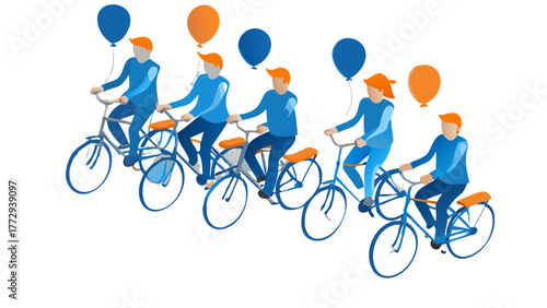 Group of diverse people riding bicycles together holding balloons celebrating a fun outdoor activity and community event