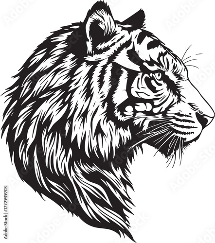 Detailed tiger head profile black and white vector illustration of wild strength courage and majestic animal symbolism
