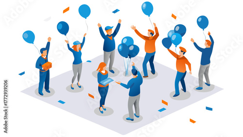 Diverse group of people celebrating with blue balloons and confetti in an isometric illustration style