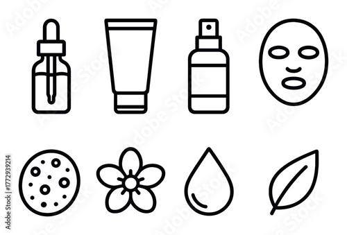Skincare cosmetic icons: dropper, tube, spray, mask, exfoliant, flower, water, leaf