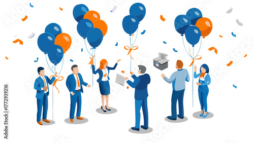 Diverse business professionals celebrating success with balloons and confetti symbolizing achievement and teamwork in a festive office environment