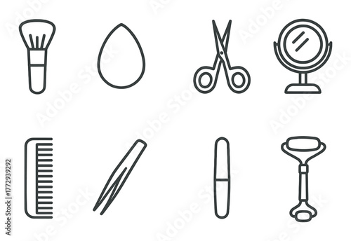 Beauty tools set: makeup brushes, scissors, tweezers, mirror, comb, razor, sponge, mascara