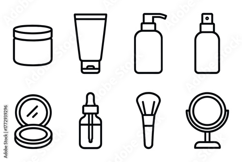 Collection of black outline skincare and makeup icons on dark background