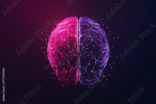 A brain with pink and purple halves connected by a network on a dark gradient background design
