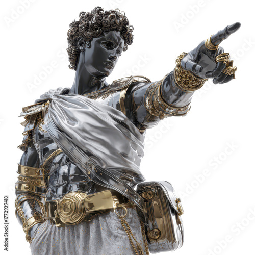 Futuristic Roman statue with robotic features, bronze and white fabric blend, highlighting innovation and creativity in art. Isolated on white background or PNG