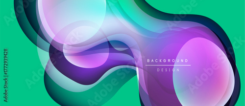 Abstract fluid shapes overlap, creating vibrant gradients. Turquoise background complements purple, pink hues. Modern design element.
