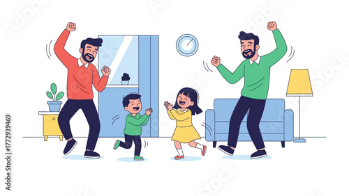 Joyful Family Moment: A vibrant illustration captures the exuberant energy of a family enjoying a playful dance within their home, highlighting the warmth of familial bonds and carefree happiness.