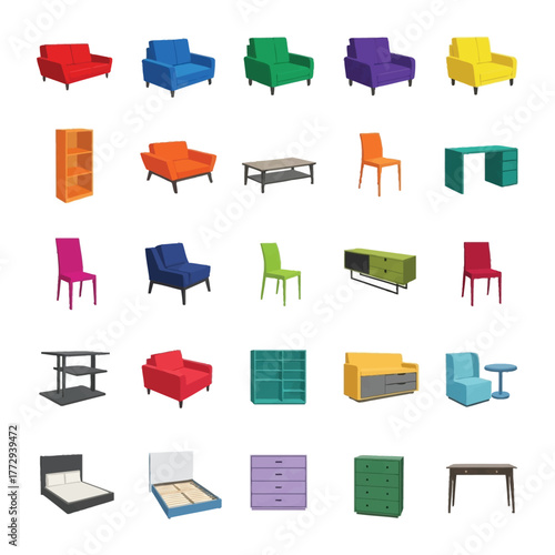 Interior Design Elements: A vibrant arrangement of furniture pieces, including chairs, sofas, tables, and cabinets, showcase a spectrum of colors and designs.