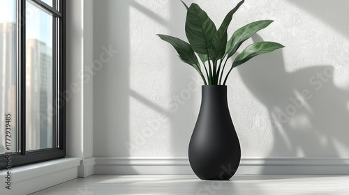 Elegant black vase with lush green plant near window, casting shadows