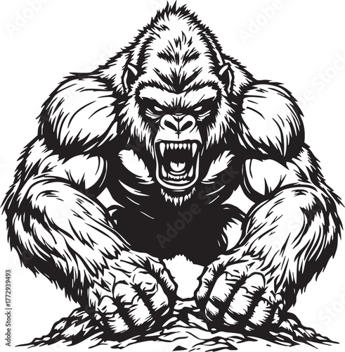 Aggressive roaring gorilla in crouching pose black and white vector illustration of primal strength and wild dominance